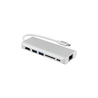 USB-C-adapterdosa med bl a HDMI-port, nätverksport och SD-kortläsare