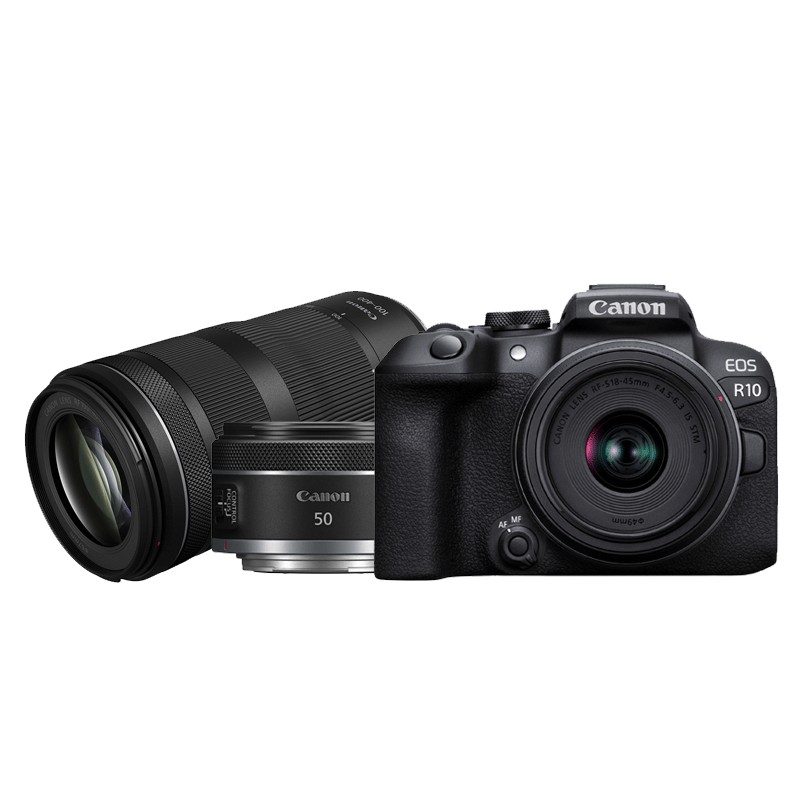 Canon EOS R10 kamerahus + RF-S 18-45/4,5-6,3 IS STM + RF 50/1,8 STM + RF  100-400/5,6-8 IS USM | CyberPhoto